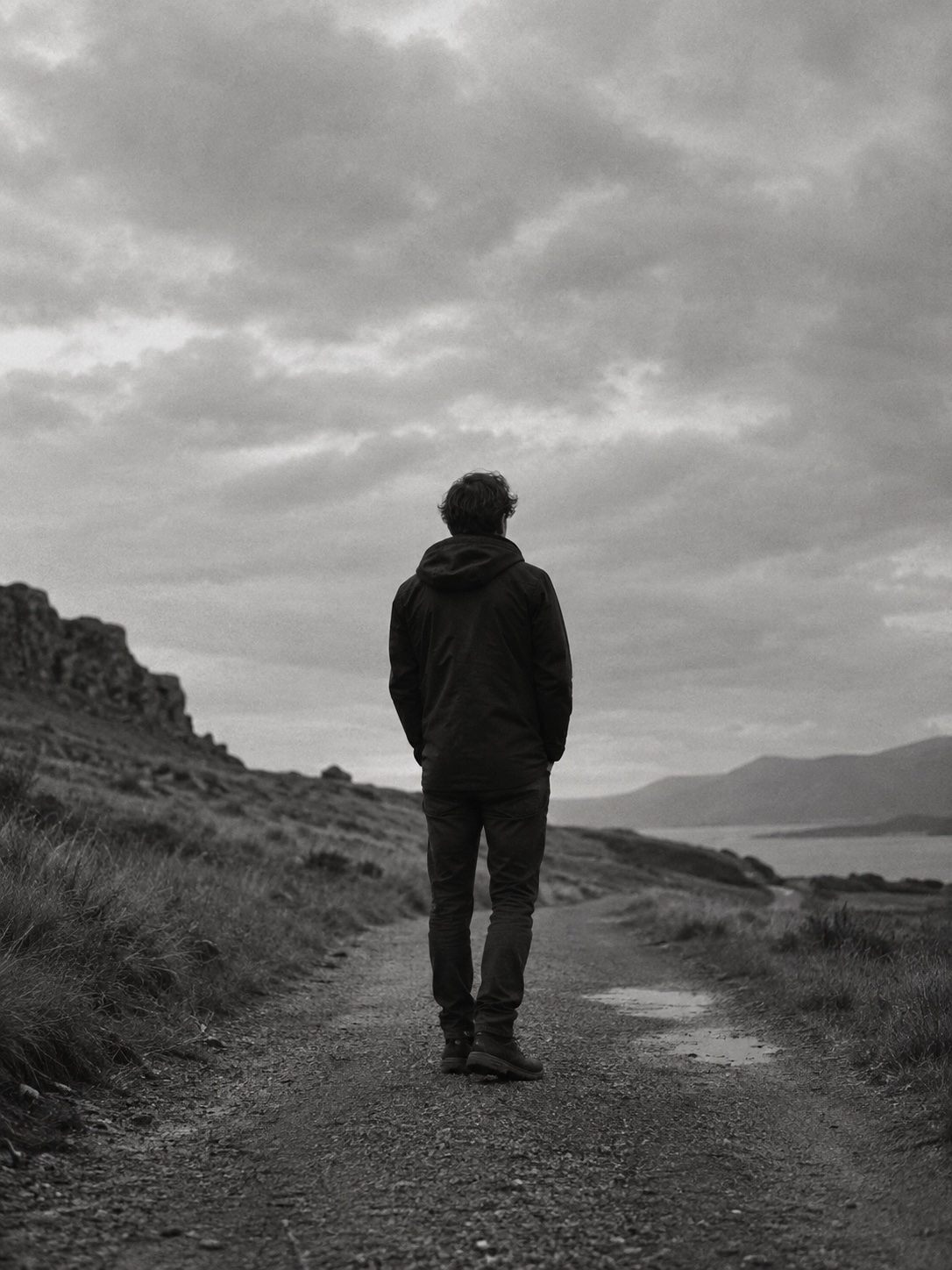 Fictional anonymous person standing on a path, seen from behind